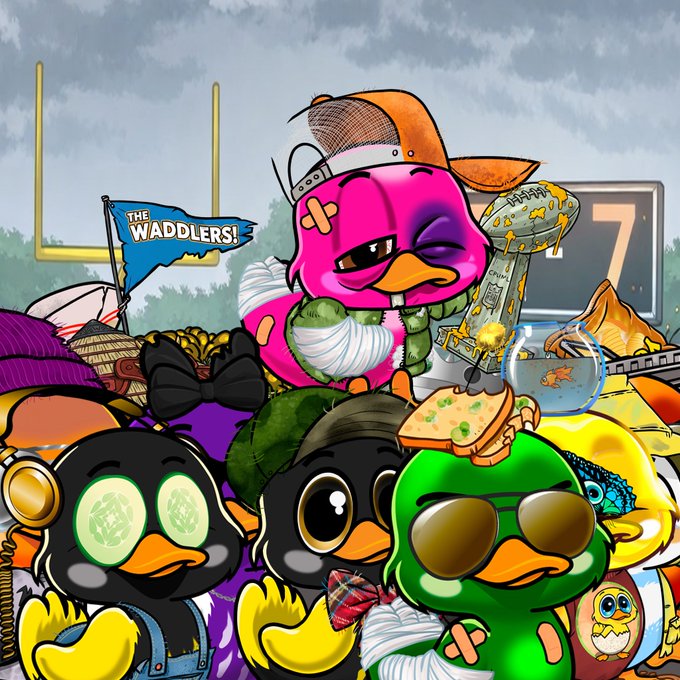 A wounded pink duck wearing a trucker hat triumphantly hoists a Super Bowl trophy while standing among a team of colorful duck mascots and a "WADDLERS!" flag, visually embodying the post's message of perseverance through losses toward shared victory.