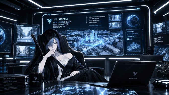 An anime-style illustration shows a dark-haired character with a sword in a futuristic control room with large screens displaying 'VANGFRID' and 'REAL-WORLD DATA FOR A SMARTER PHYSICAL AI'.