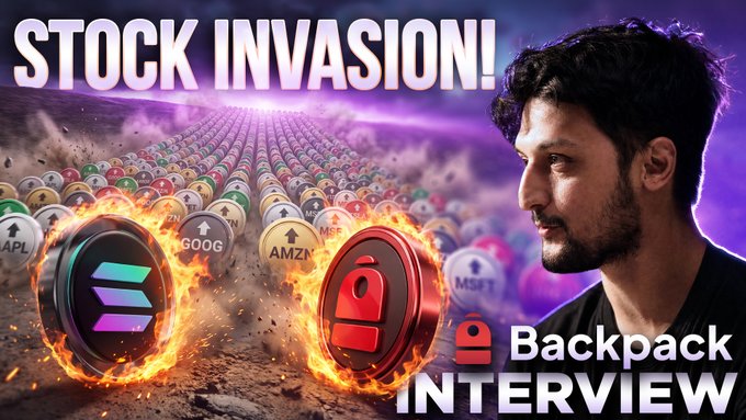 The thumbnail features a man on the right beside the text "Backpack INTERVIEW" and "STOCK INVASION!" at the top, alongside 3D coins bearing Solana ($SOL) and Backpack ($BP) logos, set against a backdrop of stock tokens like $AAPL, $GOOG, $AMZN, $MSFT. It visually promotes the YouTube video teasing Backpack CEO Armani Ferrante's interview about bringing every stock to the Solana blockchain.