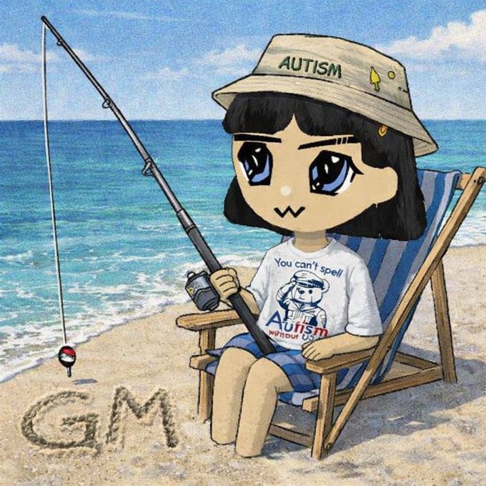 An anime-style illustration depicts a girl wearing an 'AUTISM' bucket hat and a 'You can't spell Autism without Us' shirt, sitting on a beach chair holding a fishing rod with 'GM' written in the sand.