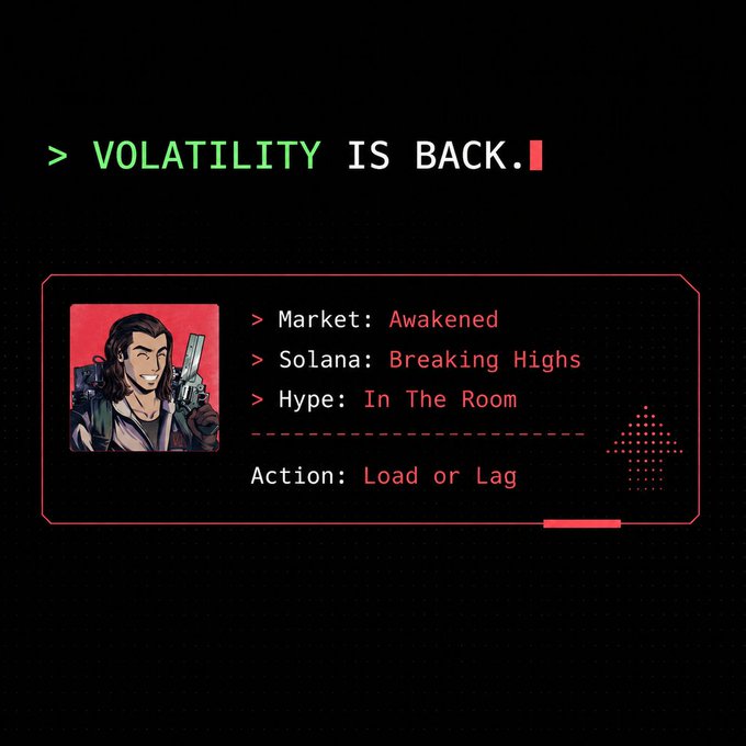 A neon-style graphic with red and green text reading '> VOLATILITY IS BACK.', '> Market: Awakened', '> Solana: Breaking Highs', '> Hype: In The Room', and 'Action: Load or Lag', featuring an animated character with a gun.