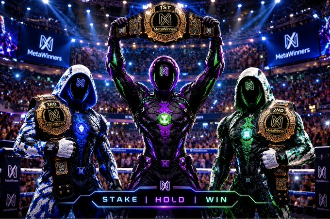 A promotional graphic for "MetaWinners" showing three masked figures in a stadium holding 1st, 2nd, and 3rd place championship belts, with the tagline "STAKE | HOLD | WIN".