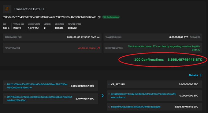 A blockchain transaction details page displays a confirmed Bitcoin transfer of 3,998.49749445 BTC (highlighted in red), with 100 confirmations and an address reuse privacy warning, corresponding to the reported $320 million drain from the Liquid network where hackers left an on-chain message identifying themselves as whitehats.