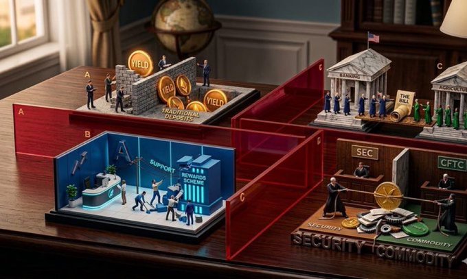 A miniature diorama visualizes the stalled Clarity Act, split into labeled chambers ("BANKING," "AGRICULTURE," "SEC," "CFTC") showing miniature figures and coins marked "YIELD" opposed by "TRADITIONAL DEPOSITS," illustrating the post's breakdown blaming the Bank Lobby and Crypto Giants—along with a "SUPPORT" group and "REWARDS SCHEME" figures—for blocking stablecoin yield provisions.