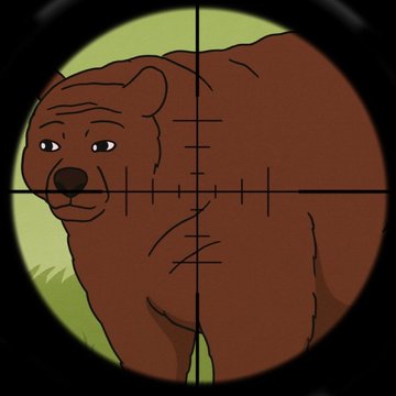 A cartoon illustration of a brown bear viewed through a sniper scope's crosshairs.