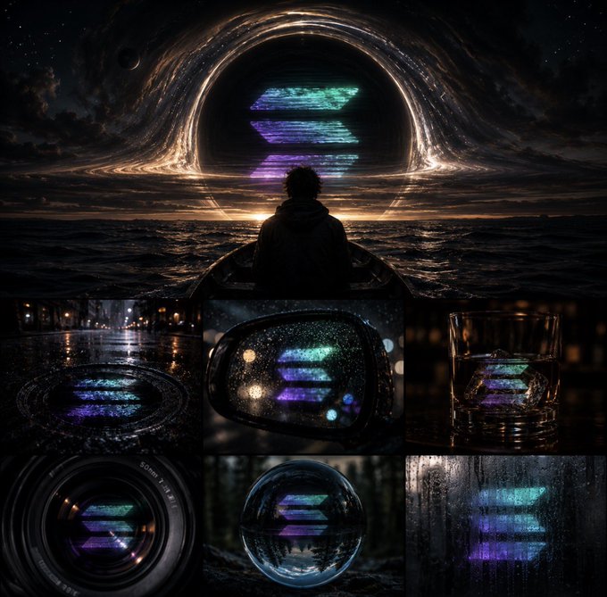 A surreal collage featuring a person in a boat looking at a black hole with the Solana (SOL) logo, alongside various reflections of the logo in water drops, glass, and a camera lens.