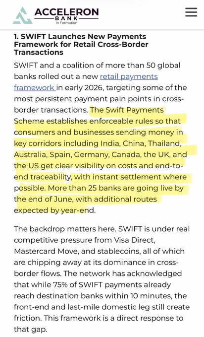 The image shows a close-up view of a cell phone screen with text displayed on it. The main focus of the image is a screenshot of an article from the Acceleron Mobile Bank's blog, which discusses the new payment methods for retail cross-border transactions. It explains that Swift and collaboration between banks have resulted in a "New Payments Framework" to facilitate global cross-border payments. The text also highlights that the new payments framework is in early stages of implementation.