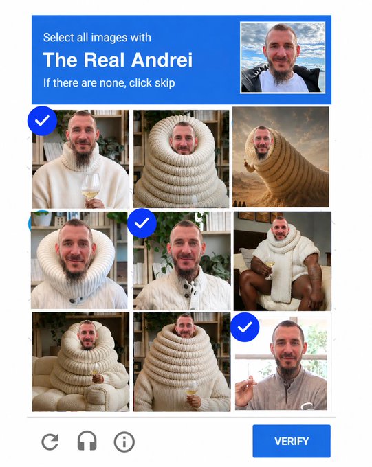 A CAPTCHA-style verification screen titled "Select all images with The Real Andrei," showing a 3x3 grid of photos featuring a bearded man, with several images selected by the user and a "VERIFY" button at the bottom.