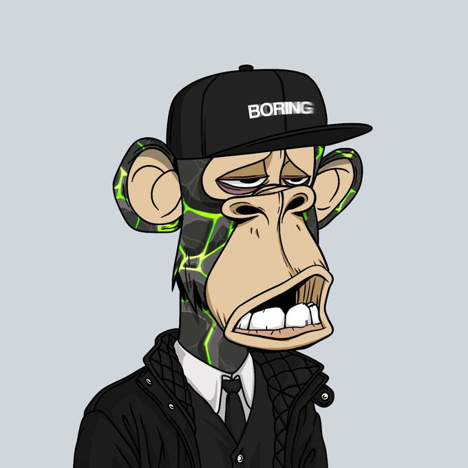 A digital illustration of a stylized monkey character with a serious expression, wearing a black cap with the word "BORING" written in white text and a black jacket over a white shirt and tie.