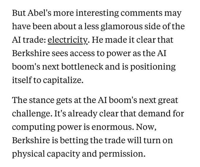 A text excerpt discussing Berkshire Hathaway's interest in electricity as a potential bottleneck in the AI boom, betting on physical capacity and permission.