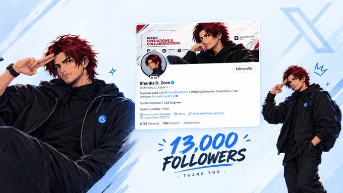 An illustration celebrating '13,000 FOLLOWERS' on Twitter for user 'Shanks D. Zoro' (@cruzzx9_), featuring an anime-style character with red hair in dark clothing.