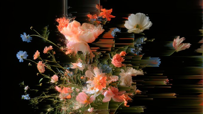 An artistic, glitch-effect photograph featuring a bouquet of colorful flowers—including poppies, daisies, and roses—against a black background with horizontal distortion lines.