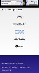 A digital banner displays text reading 'A trusted partner' above logos for AWS, Greyscale AI, IBM, Watsonx, and Hedera, with a call to action to 'Prove AI joins the Hedera network' from Enterprise-Grade AI Governance.
