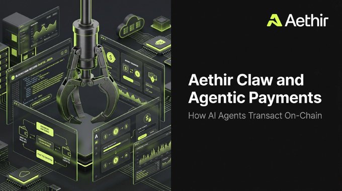 The image shows a closeup view of an AI claw, with text above and below the claw stating "AI Agents are not just doing tasks anymore. They are paying for them. $33T in stablecoin transaction volume was processed in 2025. Aethir Claw is one of the few agent platforms where agents can run natively on crypto.". The AI claw appears to be interacting with a virtual machine or digital platform, possibly related to AI and payment systems.