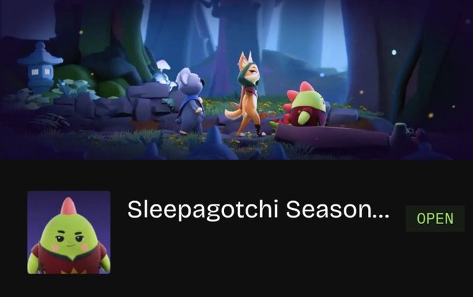 A screenshot shows a game scene with two animated animal characters in a forest, alongside a banner for 'Sleepagotchi Season...' with an 'OPEN' button and a green character icon.