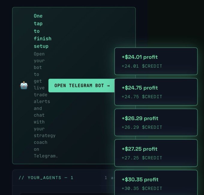 A dark-themed dashboard displaying profit alerts of +$24.01, +$24.75, +$26.29, +$27.25, and +$30.35 in $CREDIT, alongside a green 'OPEN TELEGRAM BOT' button and instructions to open a bot for live trade alerts.