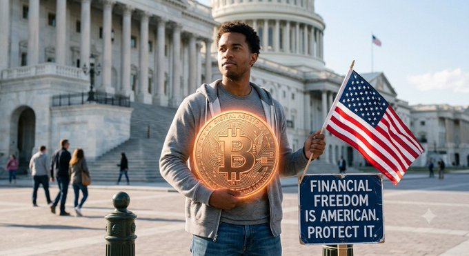 A young man holding an American flag and a glowing Bitcoin coin in front of the U.S. Capitol, standing beside a blue sign reading 'FINANCIAL FREEDOM IS AMERICAN. PROTECT IT.'