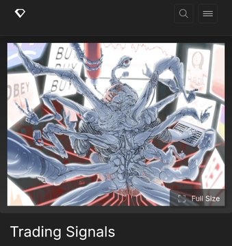 A digital art piece titled 'Trading Signals' depicting a chaotic multi-armed figure surrounded by 'BUY' signs and stock charts.