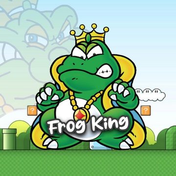 A colorful illustration for a 'Frog King' game or app shows a crowned, angry-looking green frog wearing a gold chain, with a faded version of the character in the background.
