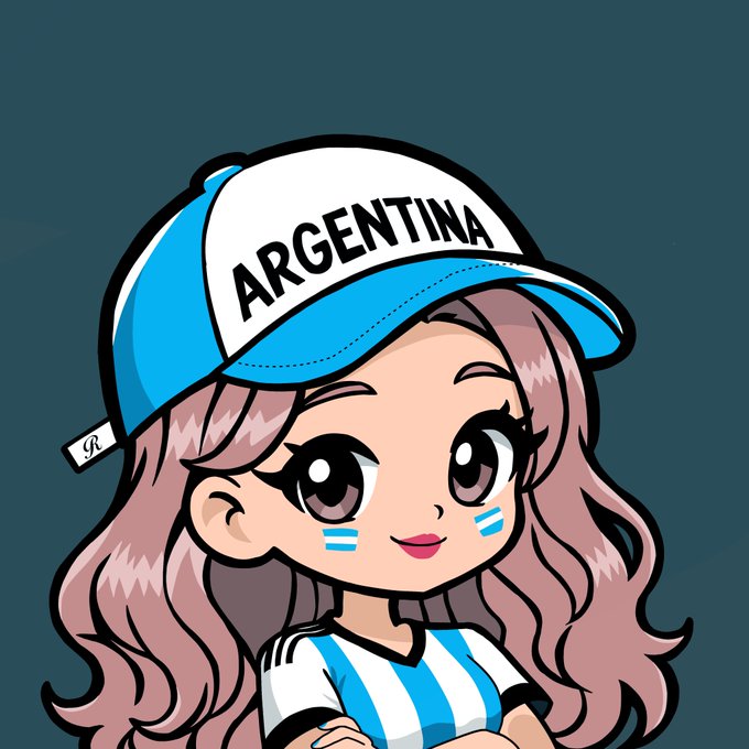 Chibi-style cartoon illustration of a cute girl with pink hair wearing an Argentina soccer jersey and cap, with Argentine flag face paint on her cheeks.