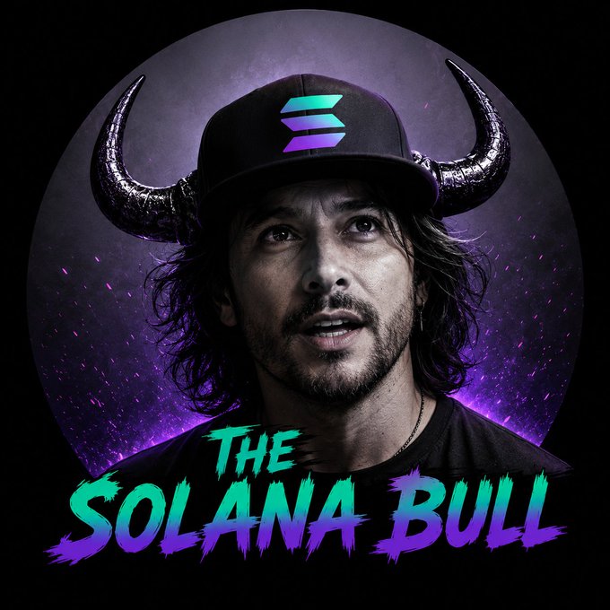 Stylized promotional image featuring a man wearing a black cap with the Solana logo and large horns, captioned 'THE SOLANA BULL' against a purple cosmic background.
