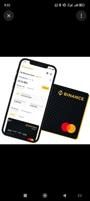 The image shows a promotional graphic featuring a smartphone displaying the Binance Card app interface alongside a physical Binance Card with Mastercard branding. The app screen displays a balance of 20.32 BRL, with monthly limits of 25,000 BRL for purchases and 25,000 BRL for ATM withdrawals, along with transaction categories like Virtual, Physical, and Card Management.

This visual directly illustrates the post's message about practical crypto usage, showing how the Binance Card enables users to spend their crypto balance (displayed in BRL) for everyday purchases through a familiar debit card format.