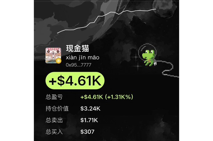 The image displays a portfolio profile for "现金猫" (xiàn jīn māo) with the wallet address ending in 0x95...7777, showing a total profit of +$4.61K (+1.31K%), with holdings valued at $3.24K, total sells of $1.71K, and total buys of $307—matching the post's claim of a 307-to-4917 gain on the meme coin.