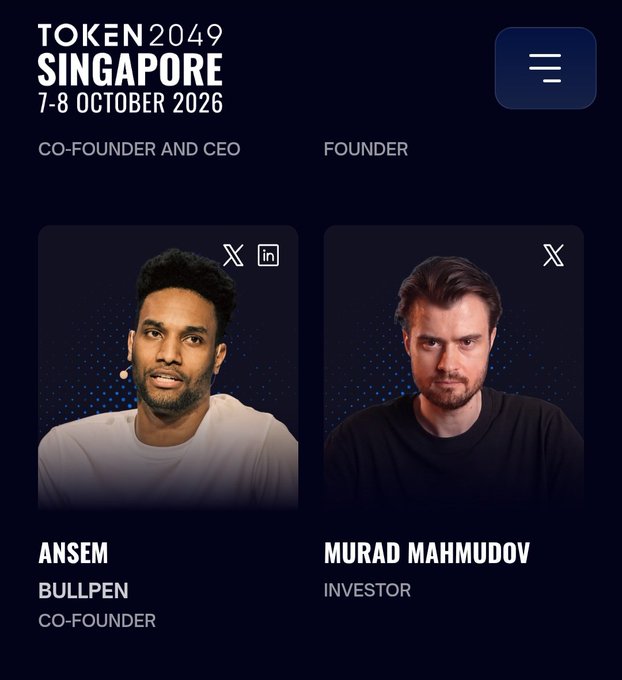 A promotional graphic for TOKEN2049 Singapore (7-8 October 2026) featuring co-founder and CEO Ansem of Bullpen alongside founder Murad Mahmudov, an investor.