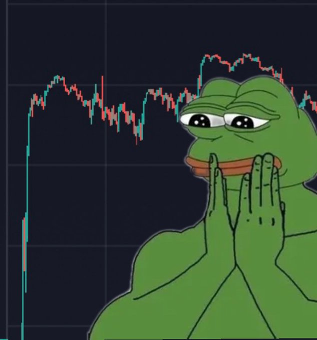 A crying Pepe the Frog meme with hands clasped together in prayer, overlaid on a falling red and green cryptocurrency price chart.