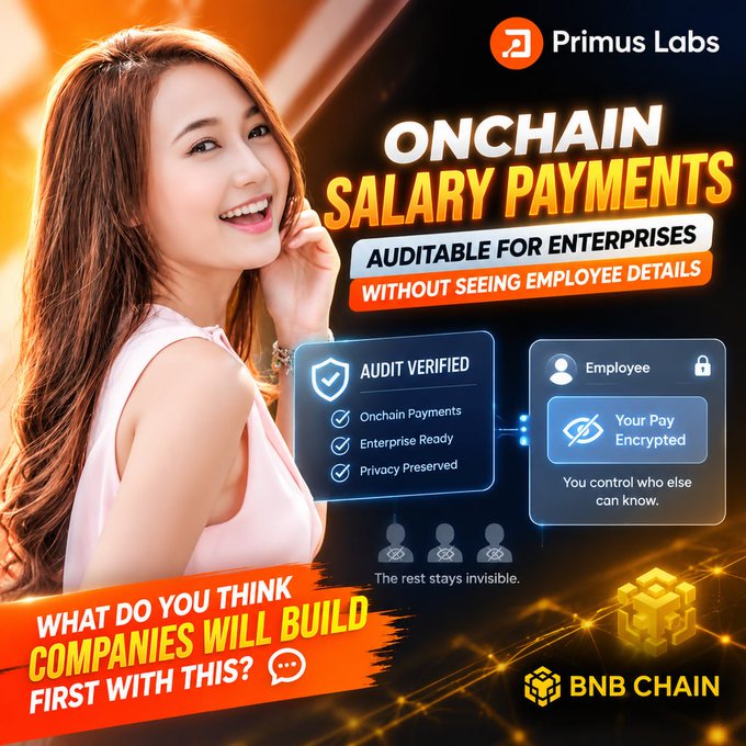 A promotional graphic for Primus Labs advertising 'ONCHAIN SALARY PAYMENTS' on BNB Chain, featuring a smiling woman and features like 'AUDIT VERIFIED' and 'Your Pay Encrypted.'