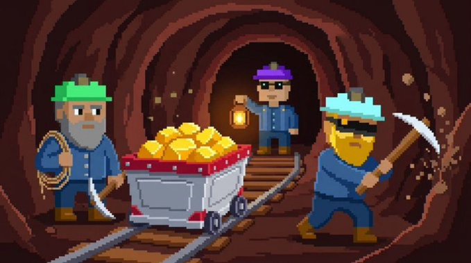 Pixel art shows three miners in a cave, one holding a rope, one pushing a cart full of gold, and one swinging a pickaxe.