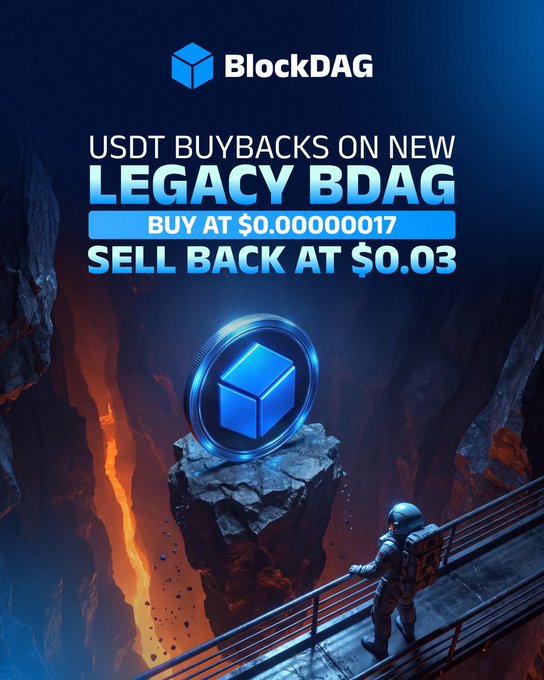 A BlockDAG promotional graphic featuring a glowing blue BDAG coin on a rocky platform, with an astronaut on a bridge overlooking a fiery chasm, advertising the offer to buy New/Legacy BDAG at $0.00000017 and sell back at $0.03 USDT.