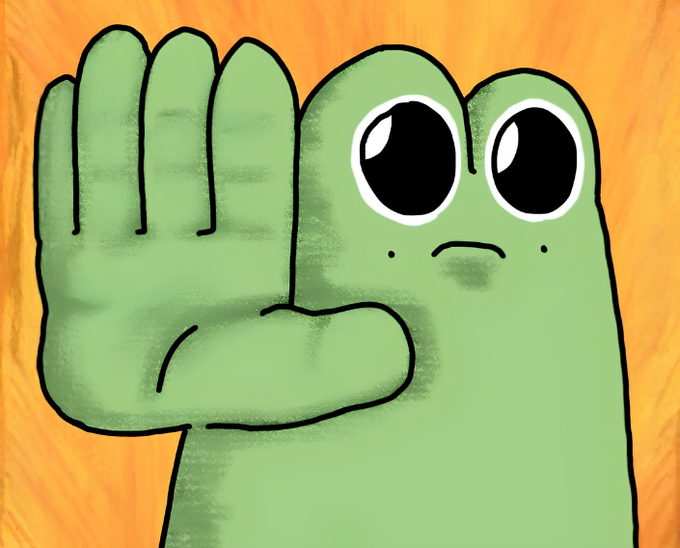 An illustration of a green cartoon frog-like character with large eyes holding up one hand in a stop gesture against an orange background.
