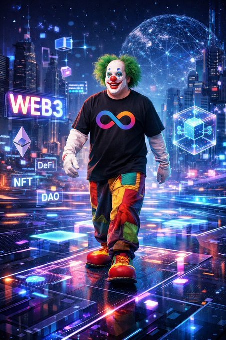 A digital illustration of a clown with green hair and an infinity symbol t-shirt walking through a futuristic Web3 cityscape, surrounded by floating holograms labeled 'WEB3', 'DeFi', 'NFT', and 'DAO' against a backdrop of a globe and skyscrapers.