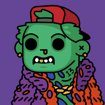 A cartoon illustration of a green-skinned zombie-like character wearing a red backwards cap, a gold chain, and a purple fur coat over a colorful shirt, set against a solid purple background.