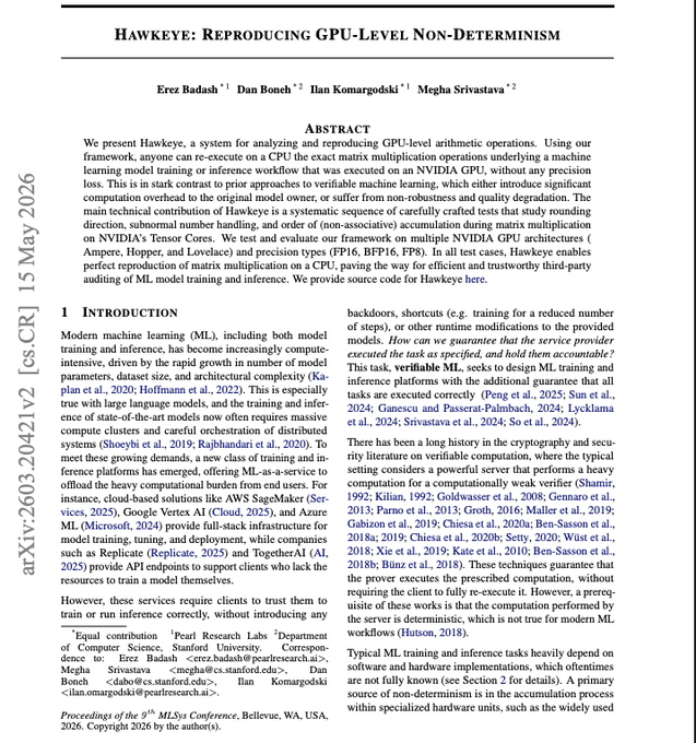 First page of an academic paper titled 'Hawkeye: Reproducing GPU-Level Non-Determinism' by Erez Badash, Dan Boneh, Ilan Komargodski, and Megha Srivastava, presented at the 9th MLSys Conference in May 2026.