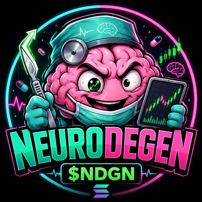 A pink brain character wearing surgical scrubs, a stethoscope, and mask wields a scalpel and a candlestick chart tablet, set against a neon circular background with pills and brain icons. The bold text reads "NEURODEGEN" with the ticker "$NDGN" displayed on a heart-rate monitor banner below, visually embodying the post's "surgery on the charts" narrative for the Solana-based meme coin.