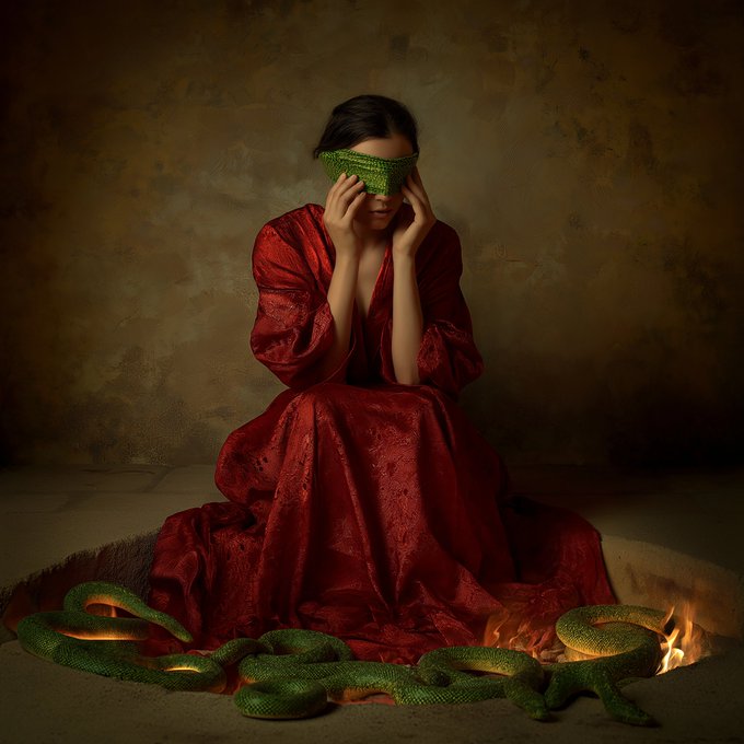 A woman in a flowing red gown sits on the ground holding a green snake across her eyes, surrounded by several other green snakes on a sandy surface.