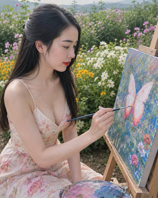 A young woman in a floral dress paints a colorful butterfly on a canvas in a field of wildflowers, paralleling the post's theme of artistic creation and productive work—much like how the discussed network transforms computational effort into something valuable, creating beauty from the process.