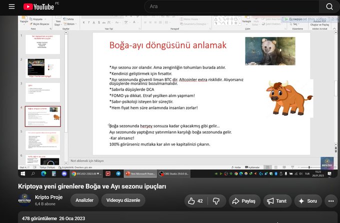 The image shows a YouTube video titled "Kriptoya yeni girenlere Boğa ve Ayı sezonu ipuçları" by Kripto Proje, featuring a PowerPoint slide titled "Boğa-ayı döngüsünü anlamak" (Understanding the bull-bear cycle) with bull imagery, highlighting key points about bull and bear market psychology and seasonal patterns in crypto investing.
