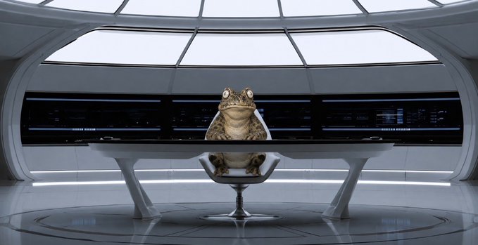 A frog in a suit sits at a sleek futuristic desk in a sci-fi command center with large monitors and a domed window.