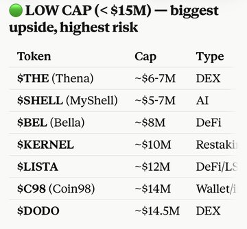 A table titled "LOW CAP (<$15M) — biggest upside, highest risk" listing seven BNB Chain ecosystem tokens with their market caps and categories: $THE (Thena, ~$6-7M, DEX), $SHELL (MyShell, ~$5-7M, AI), $BEL (Bella, ~$8M, DeFi), $KERNEL (~$10M, Restaking), $LISTA (~$12M, DeFi/LS), $C98 (Coin98, ~$14M, Wallet), and $DODO (~$14.5M, DEX), corresponding to the low-cap tier of the BNB Chain token list mentioned in the post.