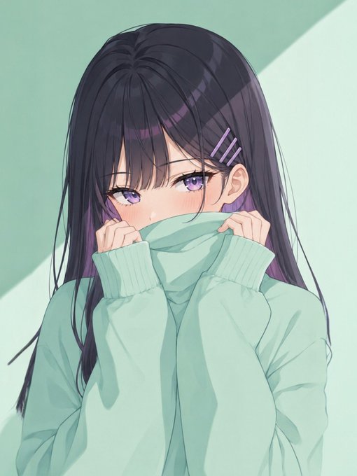 An anime-style illustration of a girl with long dark purple hair, purple eyes, and a green sweater pulled up over her mouth, set against a light green background.