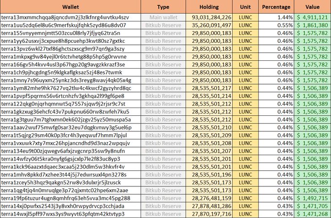 A spreadsheet showing Terra/Luna wallet holdings, with the main wallet holding 93,031,284,226 LUNC (~$4,911,121) and multiple 'Bitkub Reserve' wallets holding 28-29 billion LUNC each.