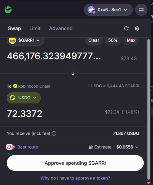 A cryptocurrency swap interface shows an exchange of approximately 466,176 $GARRI tokens (worth $73.43) for 72.3372 USDG on Robinhood Chain, yielding about 71.867 USDG after fees.