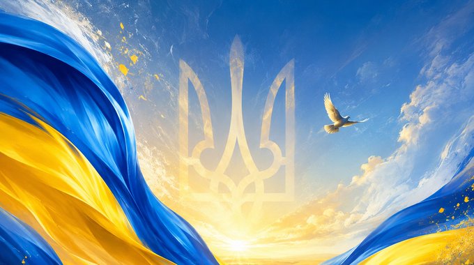 A vibrant digital illustration features the Ukrainian trident emblem overlaid on flowing blue and yellow fabrics that resemble the Ukrainian flag, with a white bird flying in a cloudy sky at sunrise.