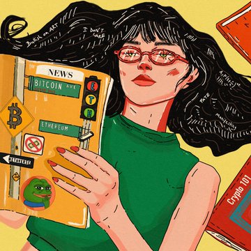 A stylized illustration depicts a woman with dark hair and red glasses holding an orange newspaper labeled "NEWS" with headlines about "BITCOIN," "ETHEREUM," "RIPPLE," and "LITECOIN," alongside a cartoon Bitcoin logo. The crypto-themed artwork ties into the artist's celebration of receiving their first bid (0.025 ETH) from @PGebbles on TransientLabs for their debut minted piece.