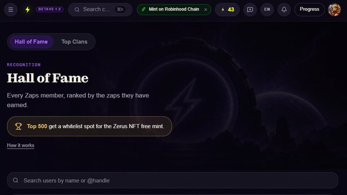 A screenshot of a website interface showing a "Hall of Fame" page with text explaining every Zaps member is ranked, and a 'Mint on Robinhood Chain' button at the top.