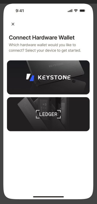 A mobile app screen titled 'Connect Hardware Wallet' prompting users to choose between Keystone and Ledger devices.