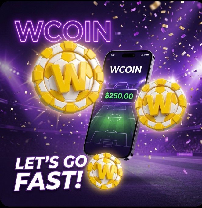 WCOIN promotional graphic with the text 'LET'S GO FAST!' showing gold 'W' coins and a smartphone displaying a $250.00 amount on a soccer field background with purple confetti.